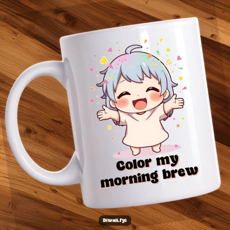 Funny Powder Scatterer Mug: Character joyfully scattering colorful powder with both hands, creating a vibrant celebration. Great funny gift.