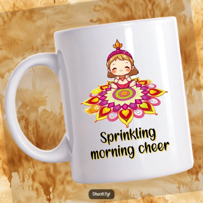 Funny rangoli mug showing a delighted character happily decorating an intricate rangoli pattern with vibrant, colorful powder.