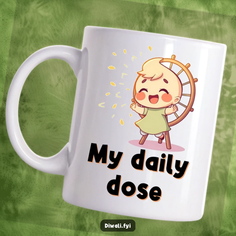 Funny mug with a giggling character playfully chasing sparks flying from a turning Catherine wheel, showcasing pure delight and excitement.