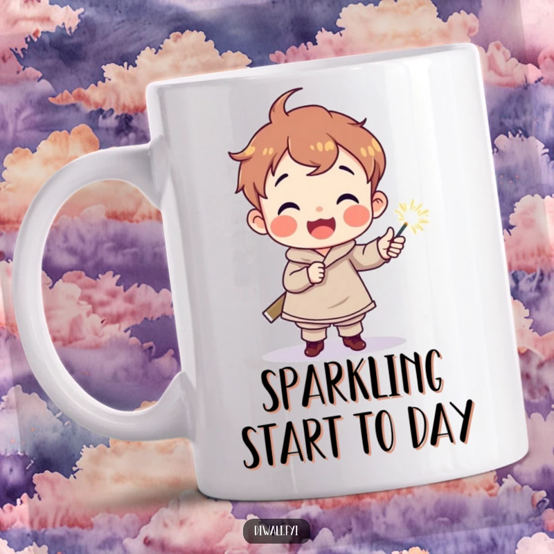 Funny mug featuring a delighted child character holding a sparkler torch, radiating innocent joy and magical enchantment.