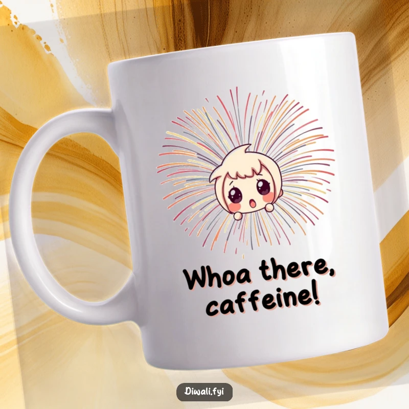 Funny character with wide, surprised eyes peeking out from behind a spectacular, colorful burst of fireworks.