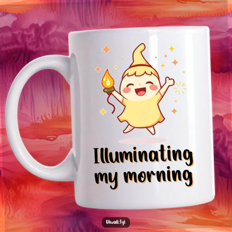 Funny Mug: A joyous character holding a lamp and surrounded by sparks, doing a happy dance with pure delight.
