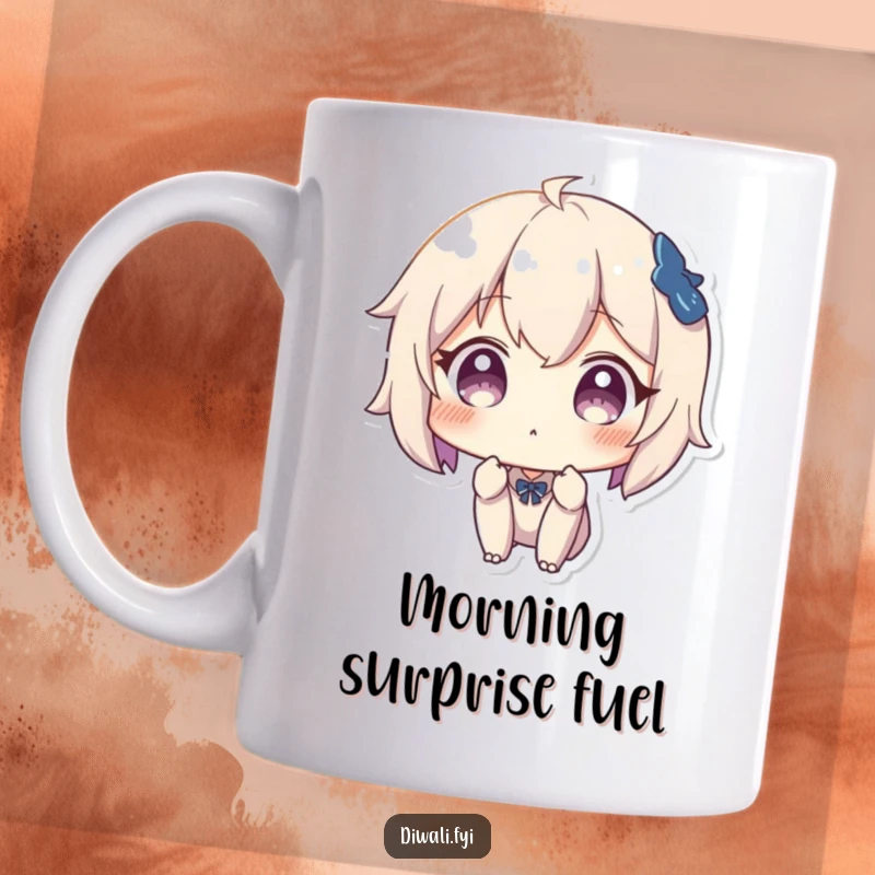 Funny mug showing a character with wide eyes and an open mouth in a surprised expression, looking at something astonishing.