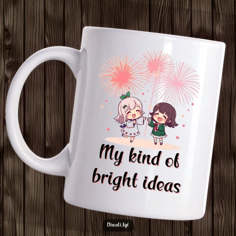 Funny mug with a cheerful character sharing a dazzling fireworks display with a smiling friend, celebrating their bond under the night sky.