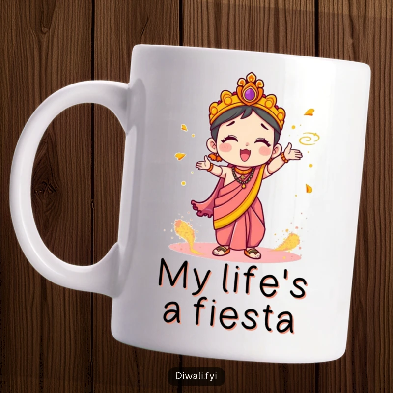 Funny Mug: Cute character in a festive sari enthusiastically tossing colorful Holi powder, embodying pure joy and celebration.