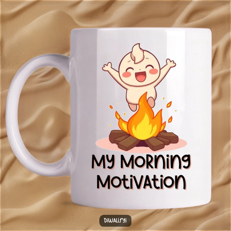 Funny mug with a happy character laughing while leaping over a small bonfire, showcasing bravery and a love for excitement.