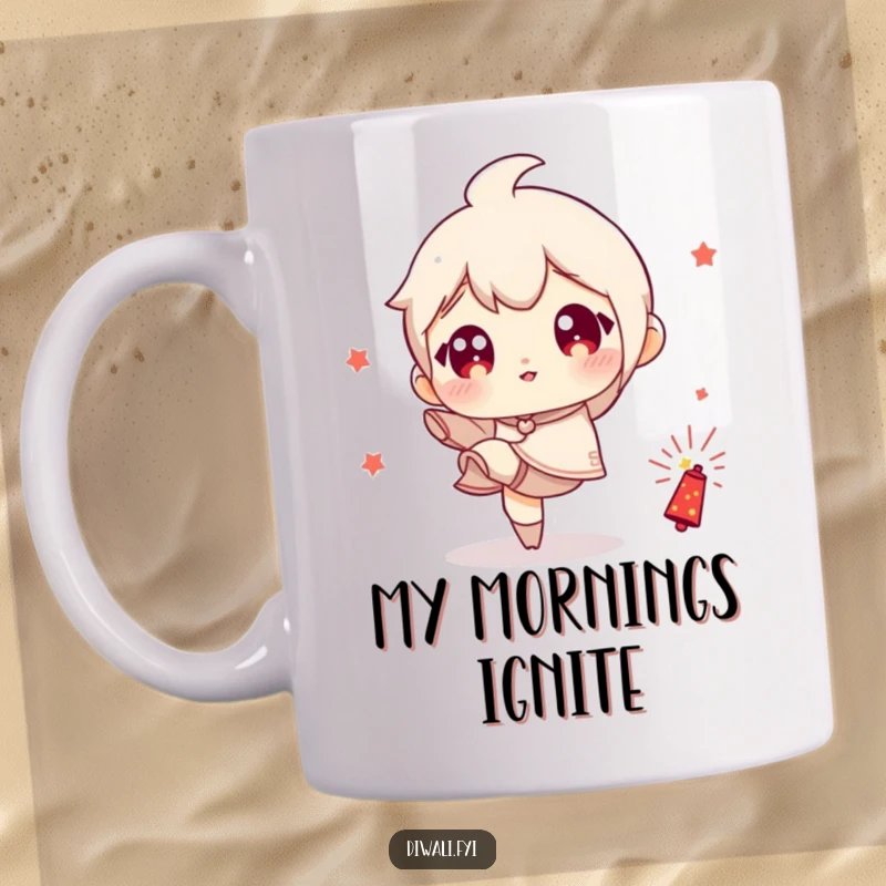 Funny mug showing a wide-eyed character playfully kicking a small firecracker, capturing a moment of cheeky adventure.