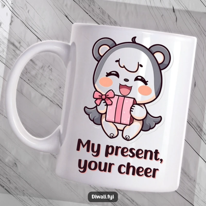 Funny Mug: A cheerful character happily presents a gift with a wide, joyful smile, embodying generosity and fun.