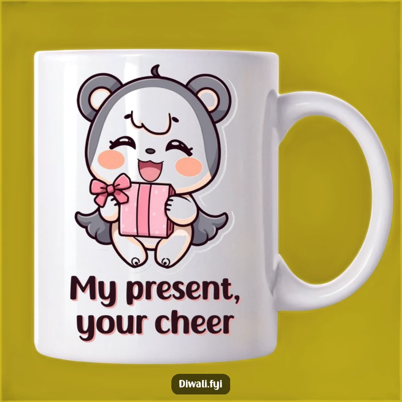 Funny Gift Mug: Happy Character with Joyful Expression Offering Present