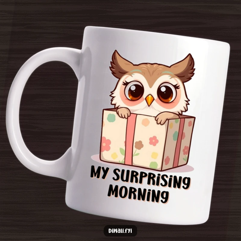 Funny mug depicting a surprised owl peeking out of a decorated gift box, embodying curiosity and unexpected delight with a humorous twist.