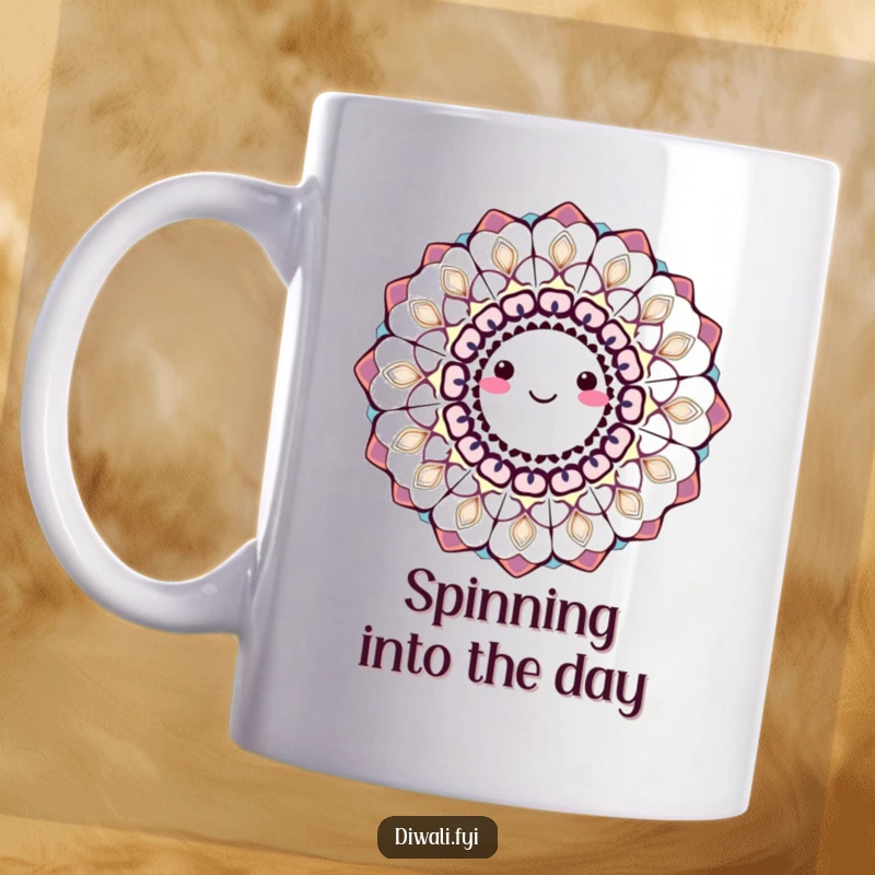 Vibrantly colored rangoli pattern smiling and spinning, symbolizing joy, celebration, and a touch of humorous artistry.