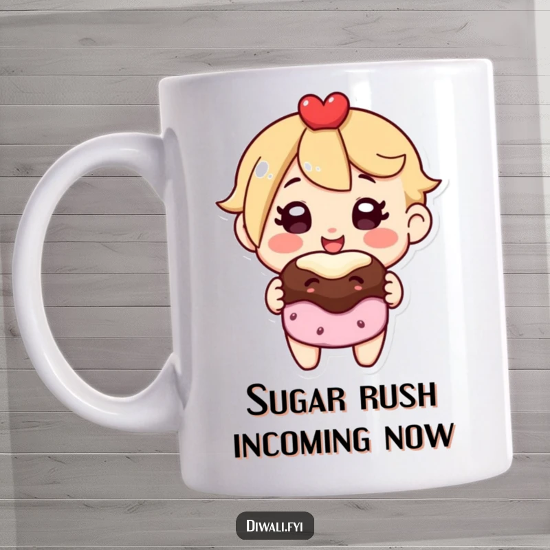 Funny mug featuring a happy character with a beaming smile, holding out a delicious sweet treat, perfect for gift-giving.