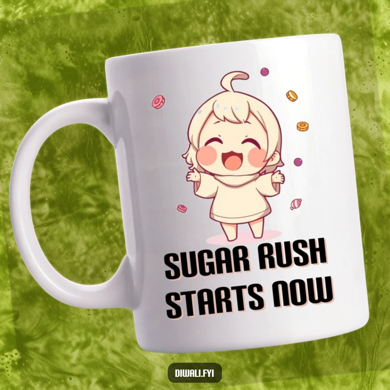 Funny mug showing a character gleefully tossing small sweets into the air with a wide, joyful smile.