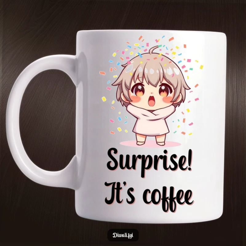 Funny mug depicting a character with wide, surprised eyes amidst an explosion of colorful confetti.