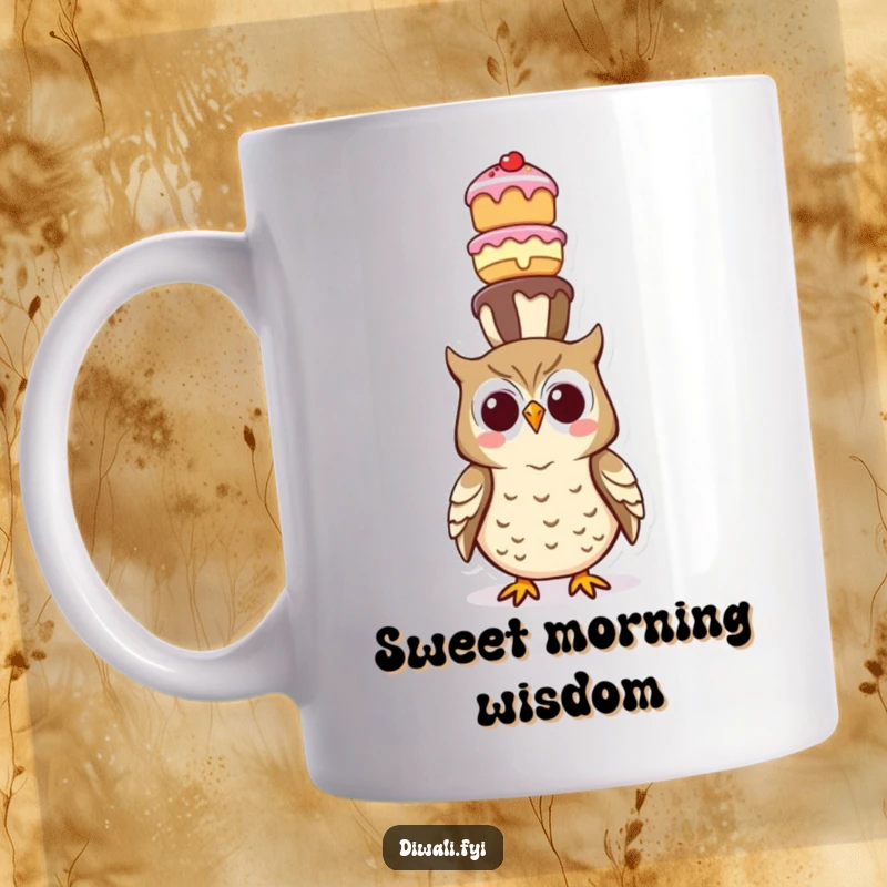 Funny mug displaying a happy owl skillfully balancing a tall tower of various sweet treats on its head.