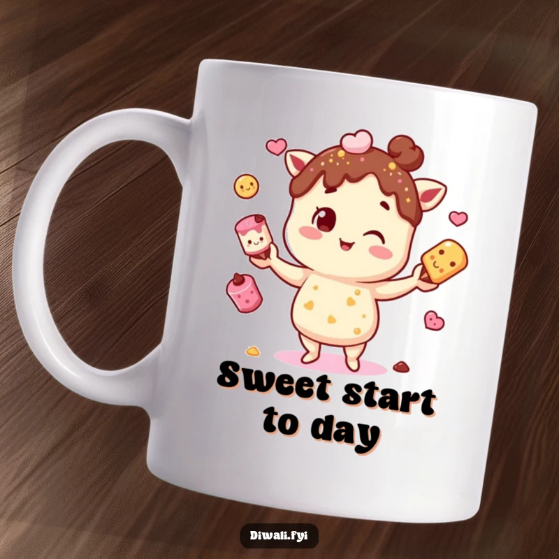 Funny mug featuring a mischievous character gleefully juggling colorful mithai, celebrating the joy of sweet treats and playful indulgence.