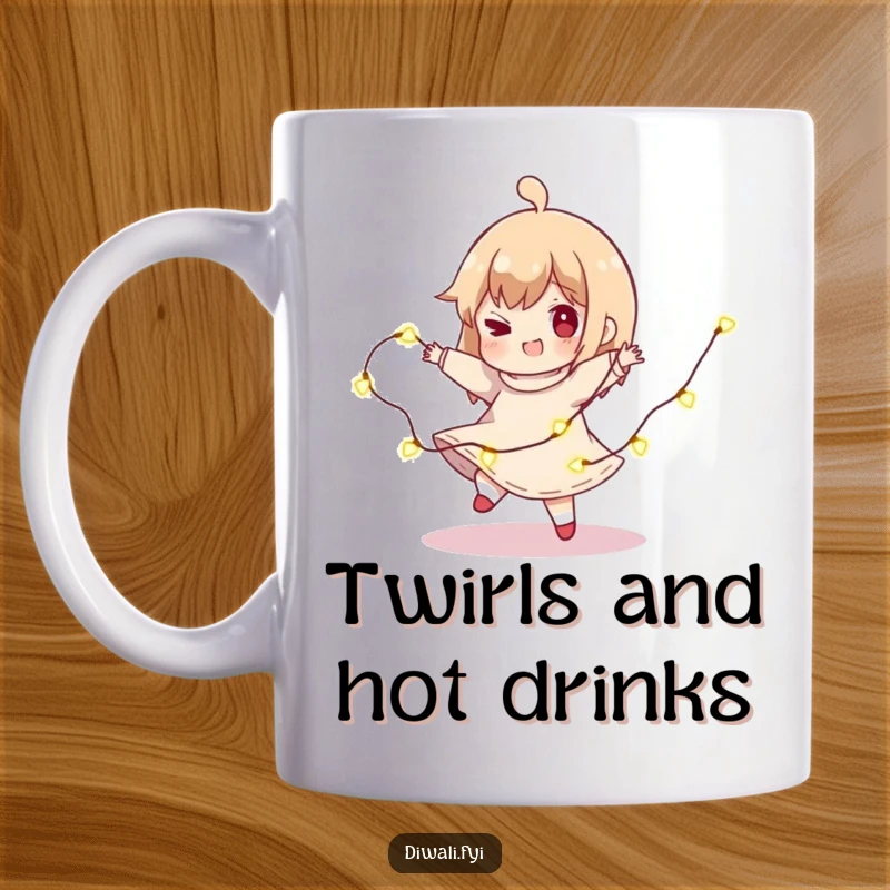 Funny Light Spin Mug: A character joyfully spins, trailing a string of lights, embodying playful energy and festive spirit.