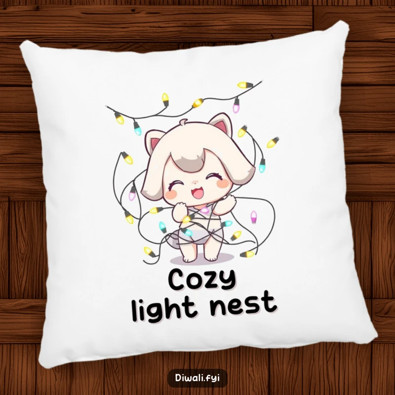 Funny Tangled Lights Pillow: A playful character is comically tangled in festive lights, adding a humorous touch to any room.