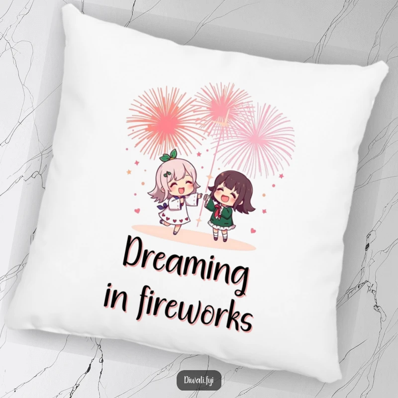 Funny pillow featuring a cheerful character and friend enjoying a spectacular fireworks show, offering comfort and a touch of celebratory humor to any room.