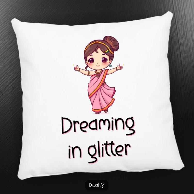 Funny pillow showing a cute character in a sari, dancing with sparklers, adding a festive vibe.