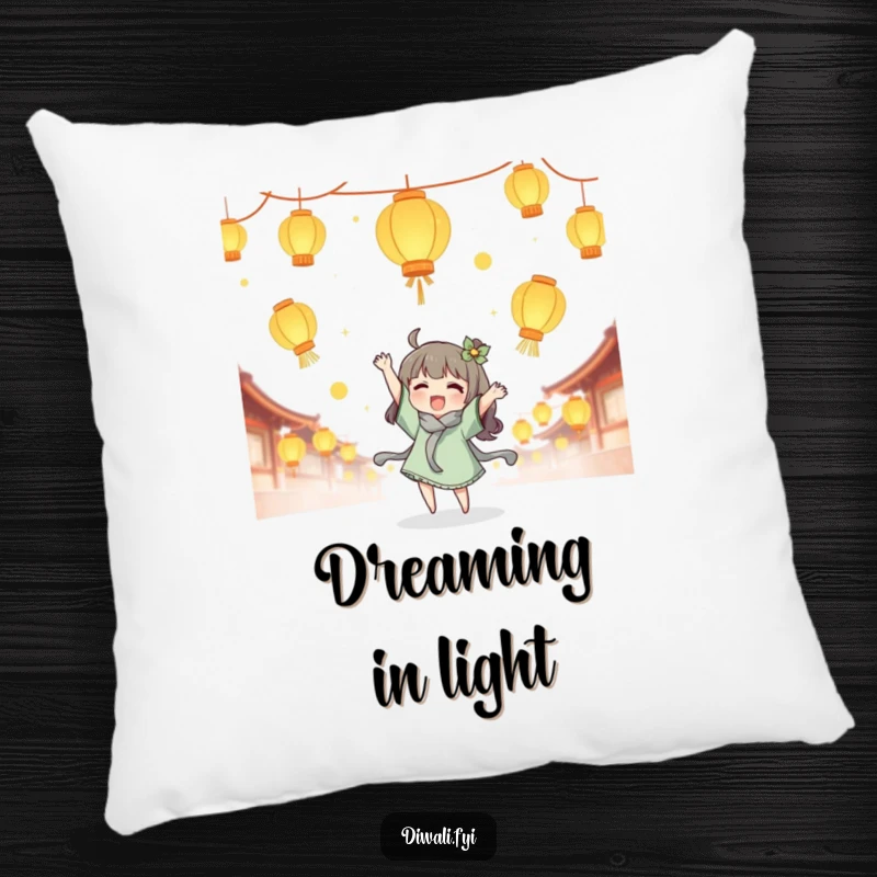 Funny lantern tossing pillow, cute character joyfully tossing glowing lanterns, magical accent pillow, whimsical comfort gift.