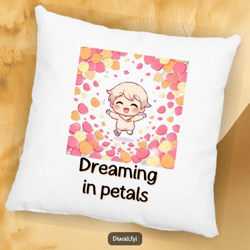 Funny Giggling Character Pillow: A giggling character runs through colorful petals, offering humorous comfort and a playful touch.