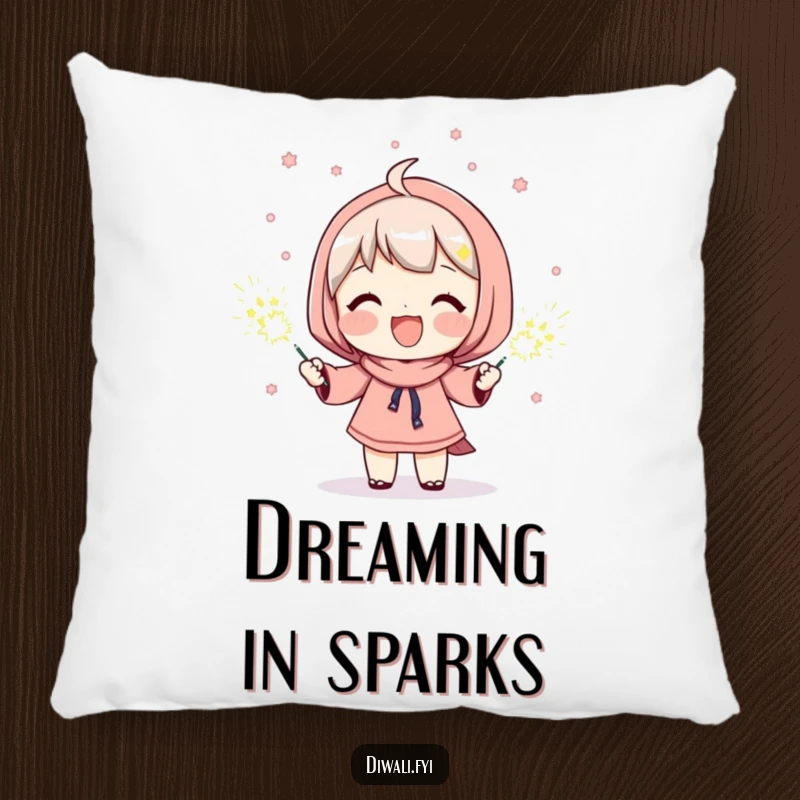 Funny pillow illustrating a character’s ecstatic happiness while holding bright sparklers, creating a cozy and visually cheerful accent.