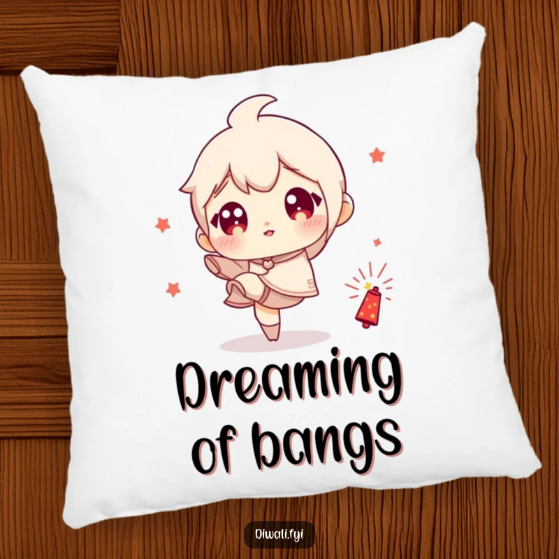 Funny pillow design of a character with wide eyes, playfully kicking a small firecracker, adding a humorous touch to any room.