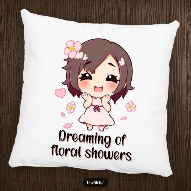 Funny pillow displaying a cute character with a smile, gently tossing a sprinkle of colorful flower petals, perfect for cozy moments.