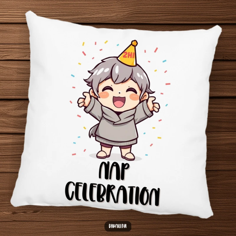 Funny Celebration Pillow: A cheerful character strikes a dynamic pose with confetti, adding a touch of festive cheer.