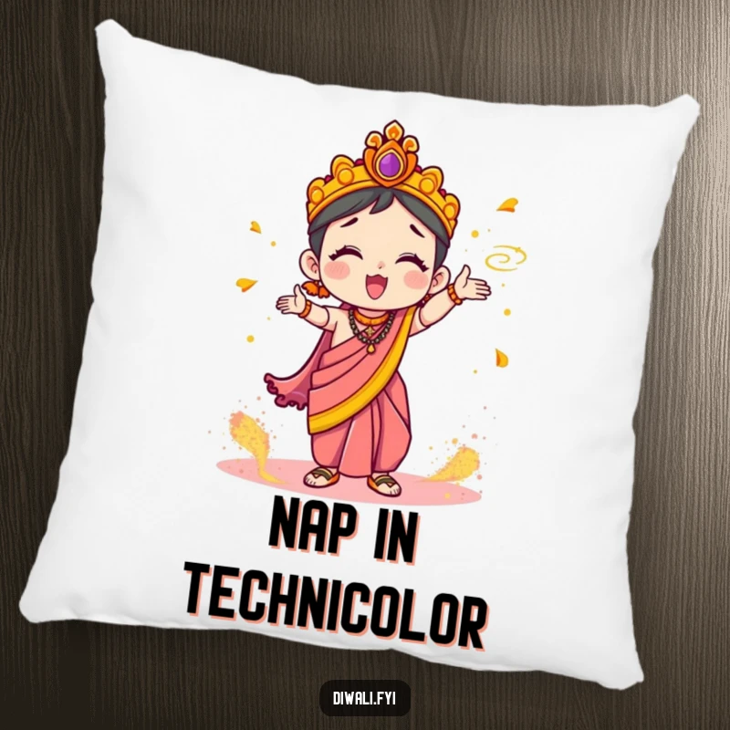 Funny Pillow: Cute character in a festive sari enthusiastically tossing colorful Holi powder, bringing comfort and cheer.