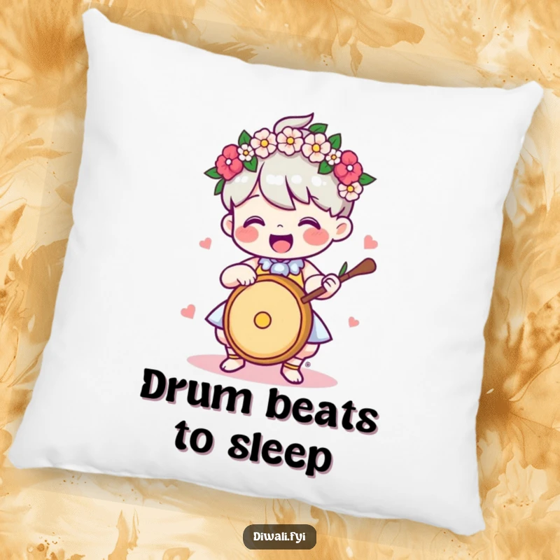Funny Pillow: Delighted character with a flower garland, playing a drum, perfect for adding comfort and cheer.
