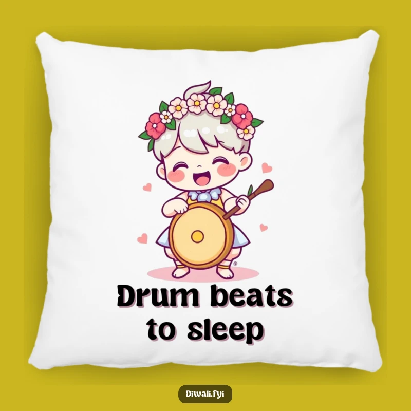Funny Decorative Pillow: Drummer Character With Garland, Hilarious Comfort Gift