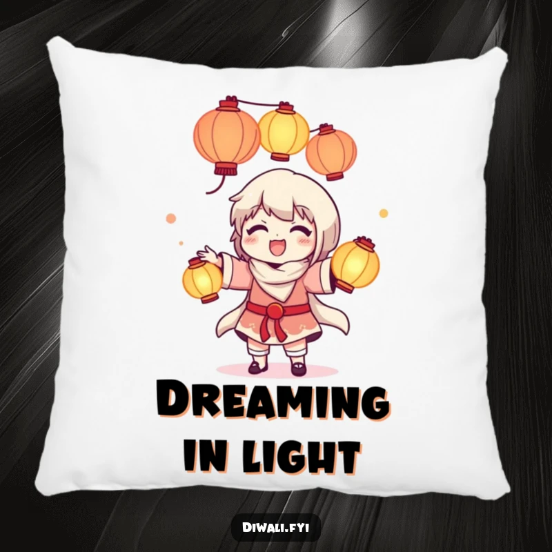 Funny pillow featuring a delighted character juggling bright, glowing lanterns, perfect for adding a touch of enchantment.