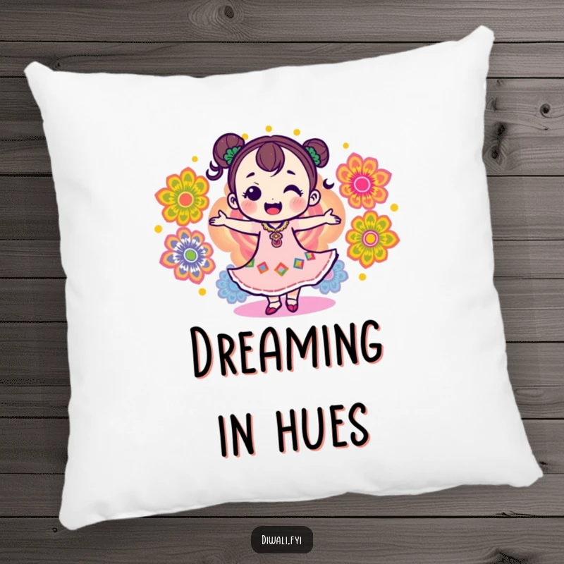 Funny pillow featuring a delighted character dancing with colorful rangoli patterns, offering soft comfort and vibrant humor.