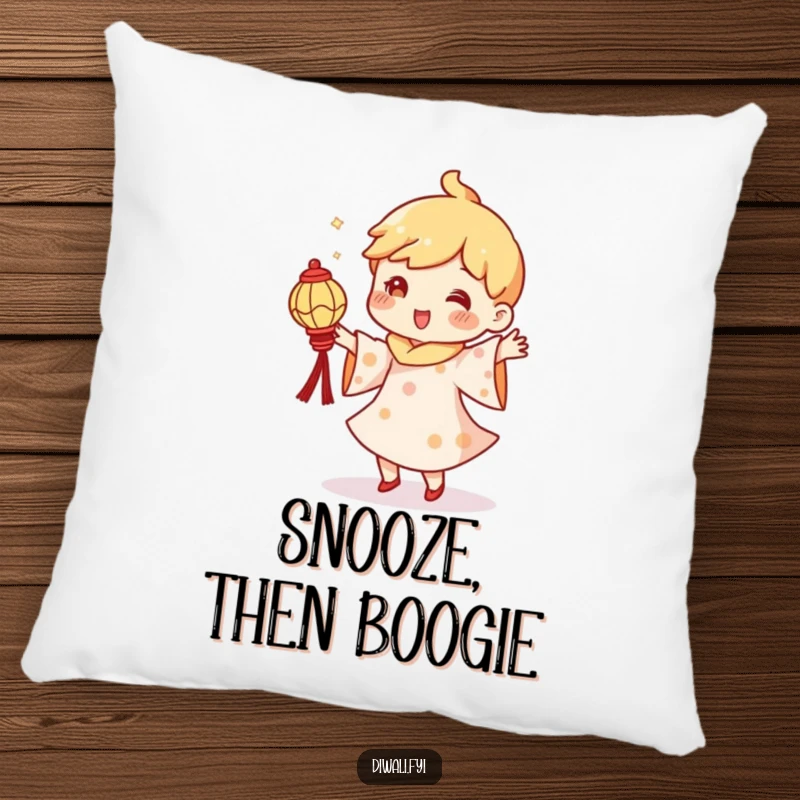 Funny pillow design of a character doing a silly dance, holding a tiny, luminous diya lantern, bringing festive spirit.