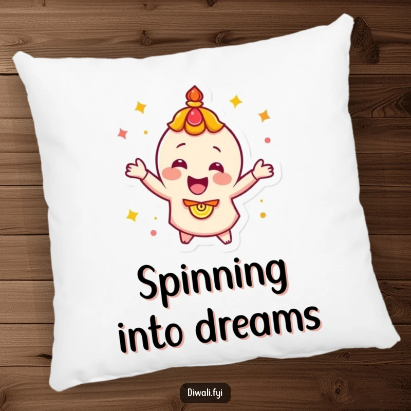 Funny, happy diya character energetically spinning, pictured on a soft pillow for decorative comfort and festive joy.