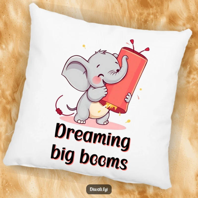 Funny pillow with a plush design of a tiny elephant wrestling a huge, glowing firecracker, perfect for cozy, humorous vibes.