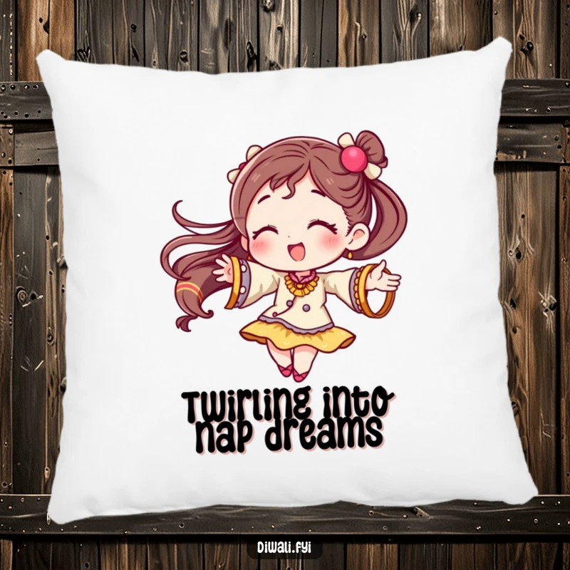 Funny pillow displaying a character in a cheerful twirl, with festive bangles adding a touch of sparkle and celebration.