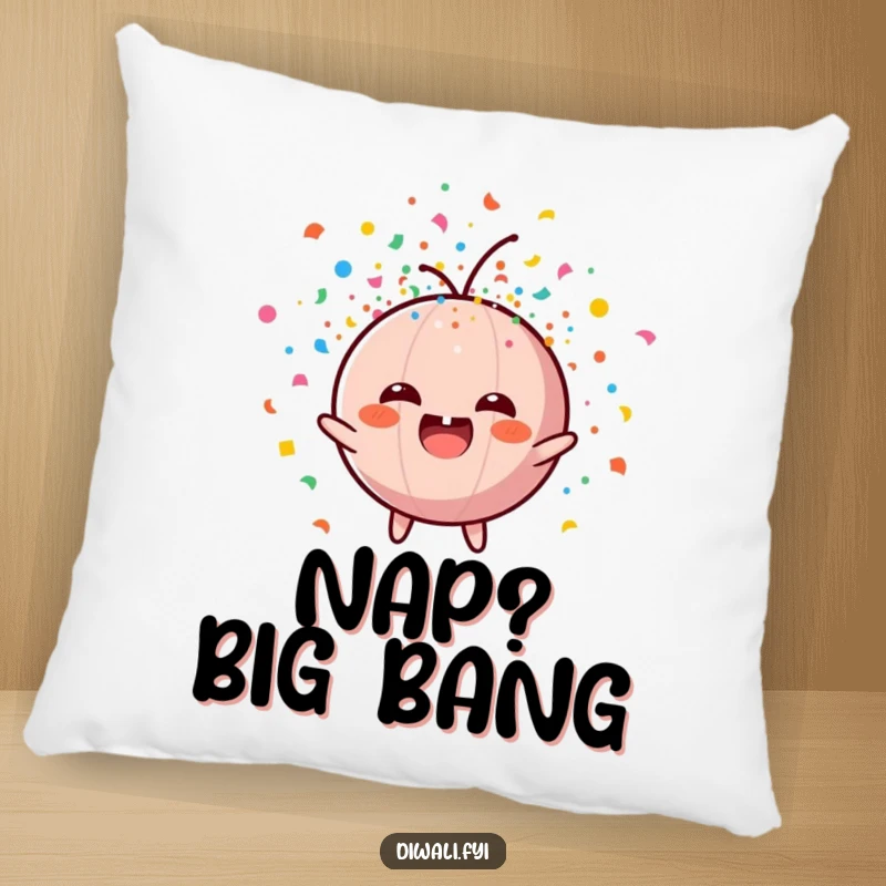 Funny pillow with a happy firecracker character exploding in a shower of colorful confetti, offering comfort and cheer.