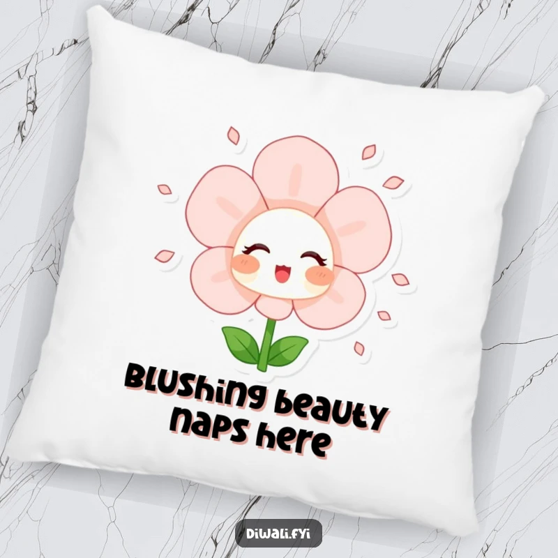 Funny pillow showcasing a blushing flower character joyfully showering petals, adding softness and a touch of cheerful floral beauty.