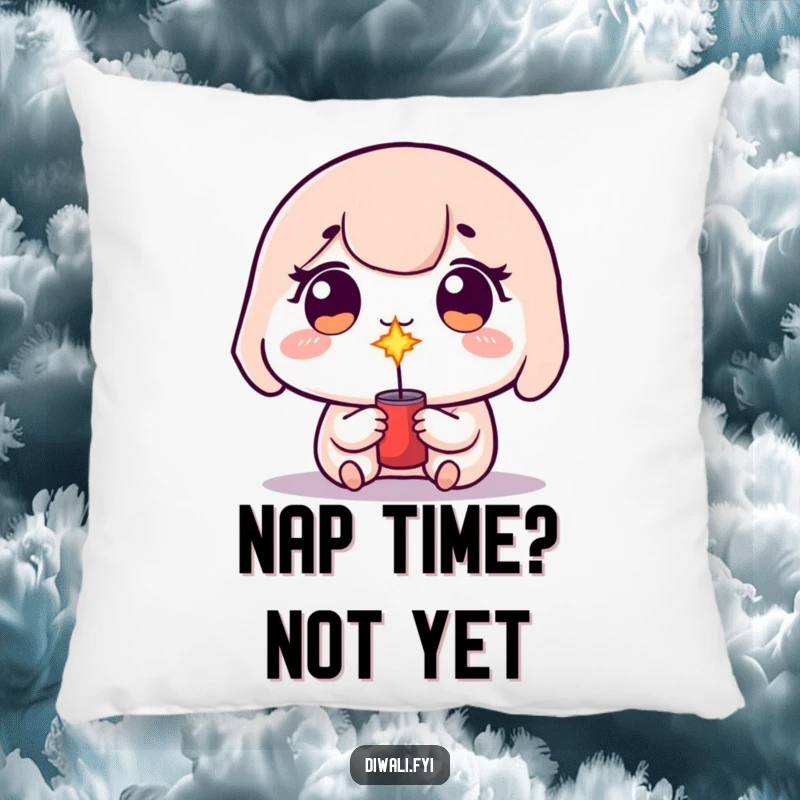 Funny kawaii character with sparkling eyes, about to light a small firecracker, soft and cuddly.