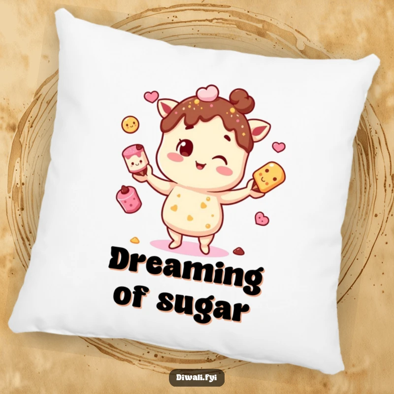 Funny pillow featuring a character juggling mithai, offering plush comfort and a delightful reminder of sweet Indian treats.