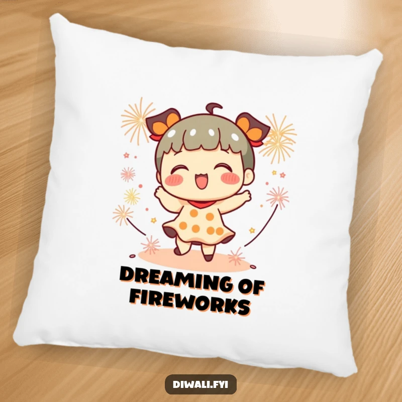 Funny pillow featuring a playful character dancing with small firecrackers, perfect for adding a touch of festive cheer.