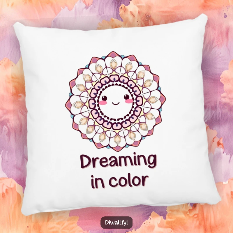 A smiling, spinning rangoli pattern in rich, festive colors, humorously designed for cozy relaxation.