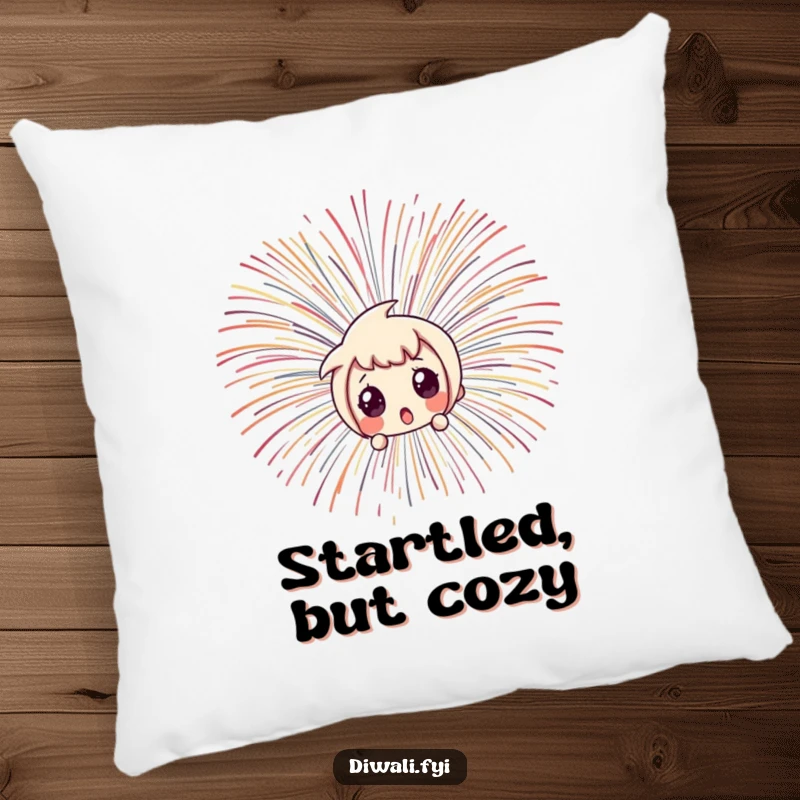 Funny character peeking with wide, surprised eyes from behind a bright fireworks burst, soft and cuddly.