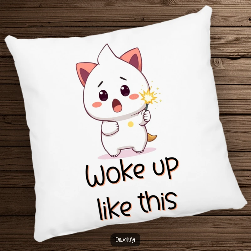 Funny pillow featuring a surprised character holding a small, glowing sparkler, offering plush comfort and humor.