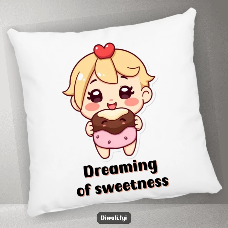 Funny pillow with a sweet character offering a treat, providing a soft, comfortable accent with a contagious happy expression.