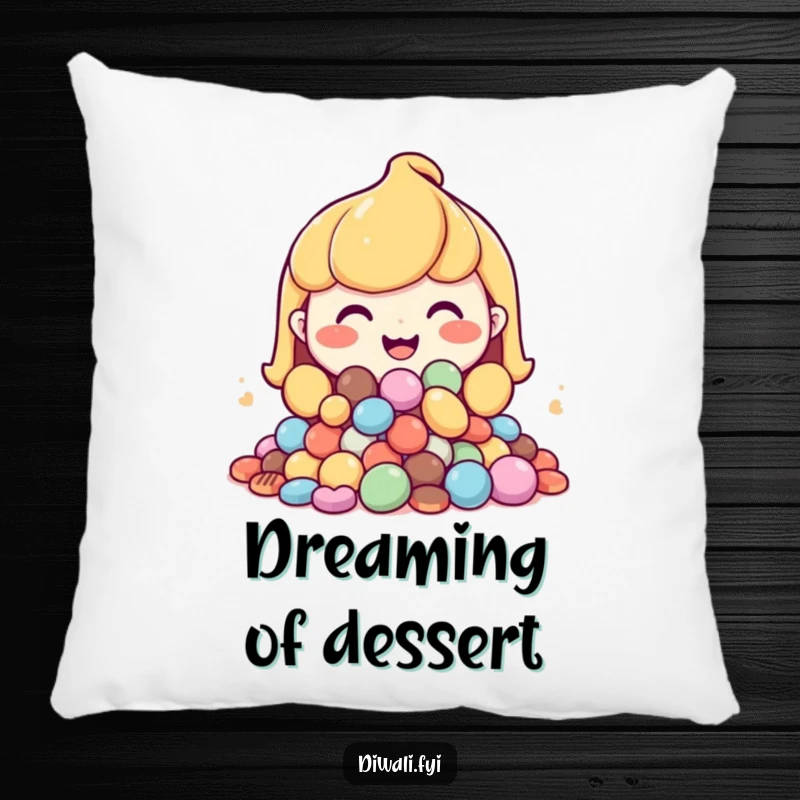 Funny pillow featuring a happy character with a generous grin, offering a large pile of sweets.