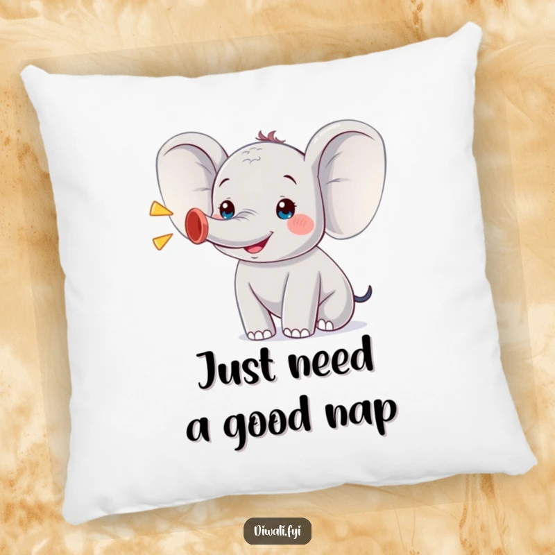 Funny pillow featuring a happy elephant character gleefully trumpeting, offering plush comfort and a touch of amusing charm for relaxation.